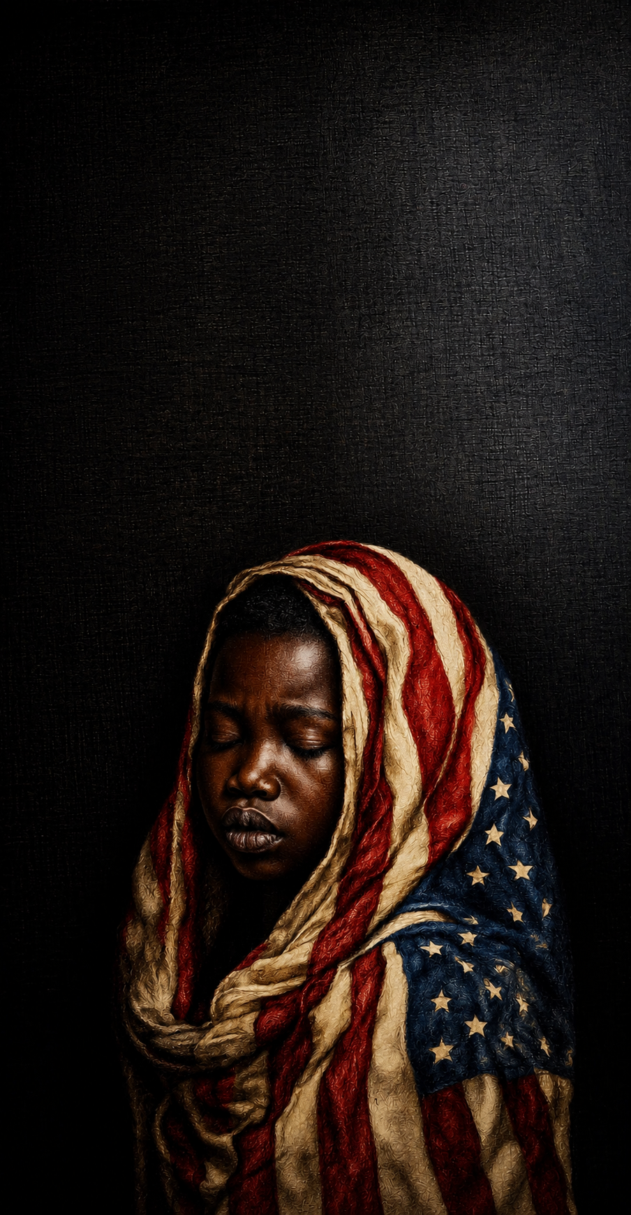A young person draped in an American flag against a deep black background.